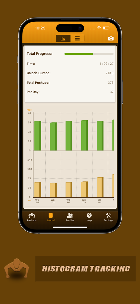 Pushups Coach Pro - Pushups Coach Pro app journal interface displaying total workout statistics and histogram charts for reps and calories