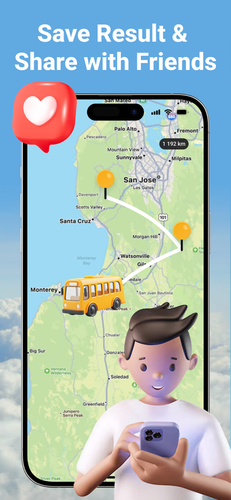 Travel Planner: 3D Route Map - A person sharing a 3D animated travel route on a map featuring a yellow bus
