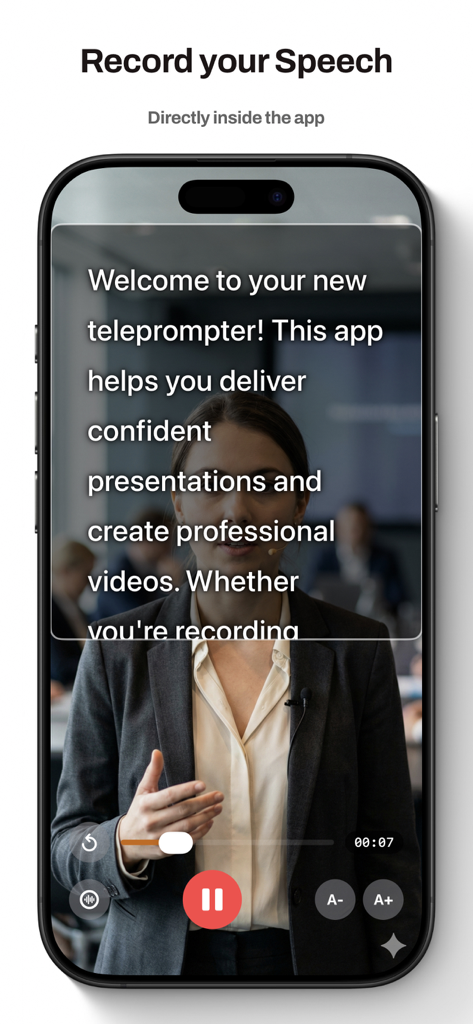A professional woman recording a video speech with a scrolling teleprompter script overlay on her smartphone.