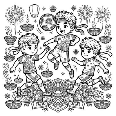 Celebrate the Festival of Lights with a sporty twist! This dynamic coloring page features adorable chibi soccer players showcasing their header skills amidst a festive Diwali backdrop of glowing diyas, intricate rangoli, and cheerful fireworks.