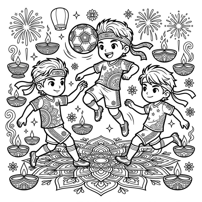 Celebrate the Festival of Lights with a sporty twist! This dynamic coloring page features adorable chibi soccer players showcasing their header skills amidst a festive Diwali backdrop of glowing diyas, intricate rangoli, and cheerful fireworks.
