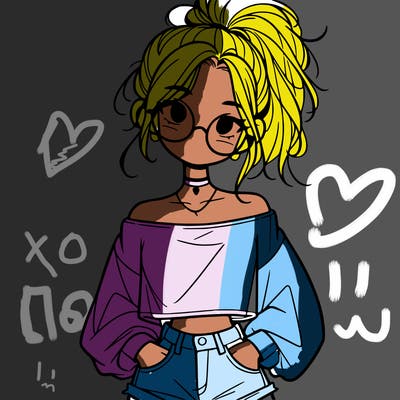 girl with a messy ponytail glasses a baggy crop top and jean shorts