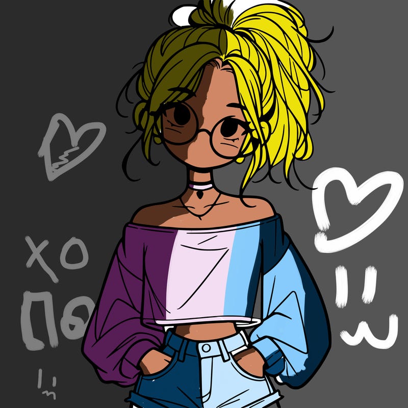 girl with a messy ponytail glasses a baggy crop top and jean shorts