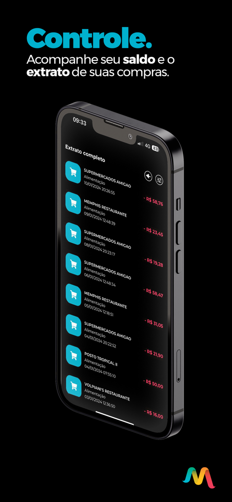 Megavale Usuário - Smartphone screen of Megavale Usuario app showing a list of recent purchases and balance status