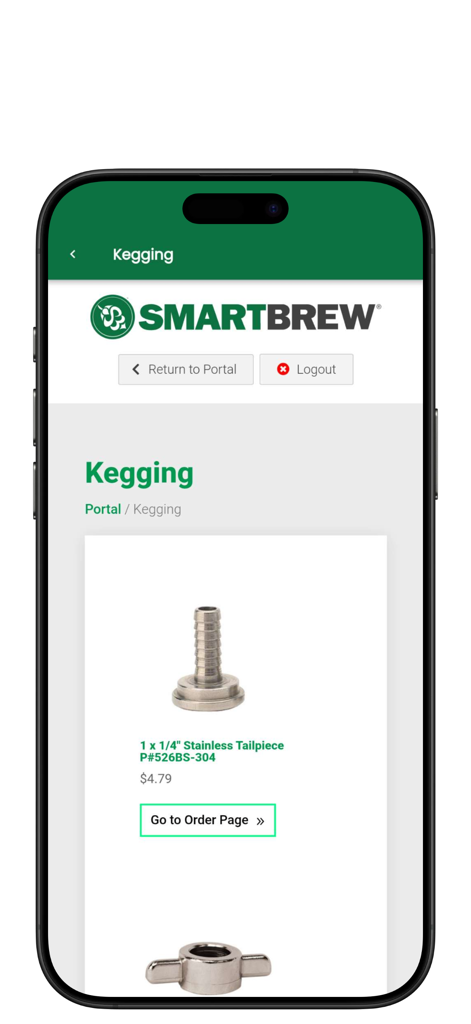 SmartBrew - Mobile screen of the SmartBrew app showing a stainless tailpiece for kegging with a button to order