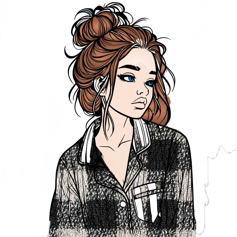 realistic woman with pajamas on and a messy bun