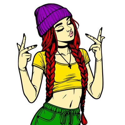 realistic teenage girl with braids and a beanie and crop top doing 🫶🏼