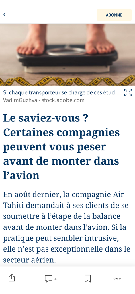 Interface do artigo de notícias do Le Figaro mostrando uma reportagem sobre companhias aéreas pesando passageiros com uma imagem de balança e fita métrica