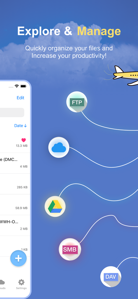 File Manager app screenshot showing Explore and Manage headline with cloud storage icons like FTP and Google Drive