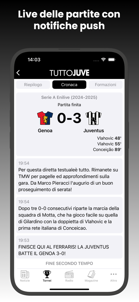 TuttoJuve.com - TuttoJuve app screenshot showing live match score and commentary for Genoa vs Juventus