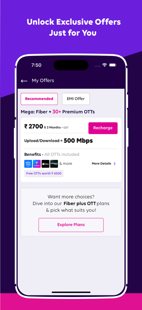 Tata Play Fiber app screen displaying exclusive internet and OTT bundle offers