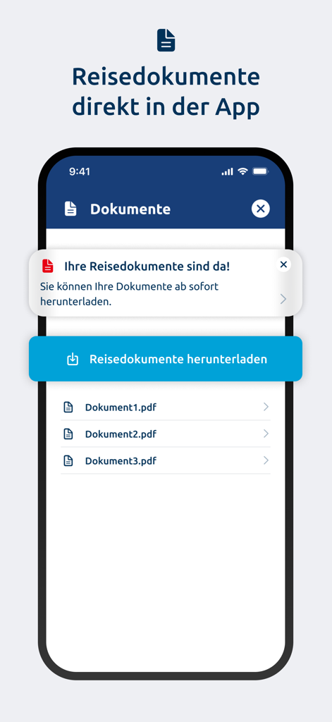 mein alltours - Mobile interface of the mein alltours app showing a list of downloadable PDF travel documents and a download button