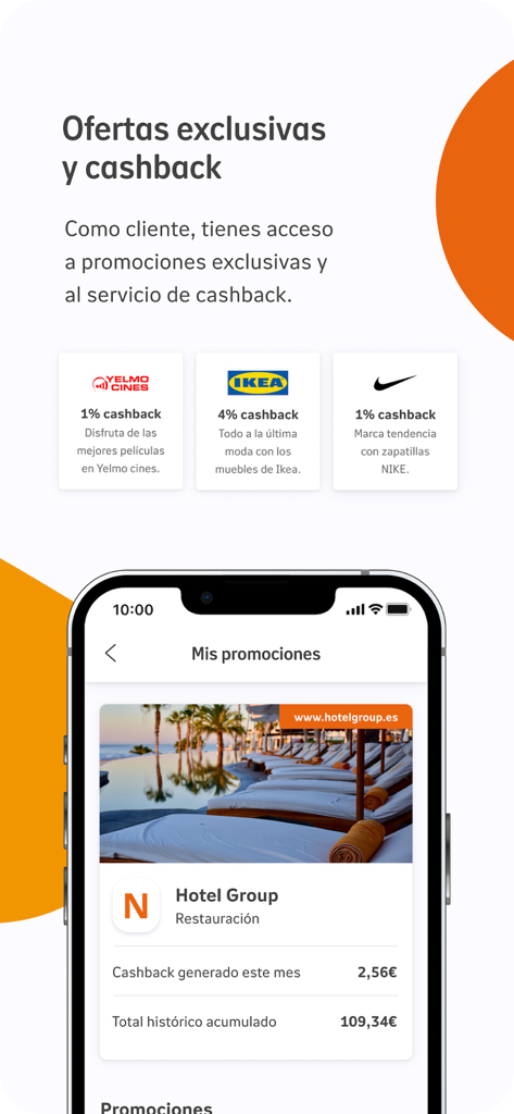 Pantalla de aplicación móvil que muestra ofertas exclusivas de cashback para marcas como IKEA y Nike con una interfaz de seguimiento de recompensas
