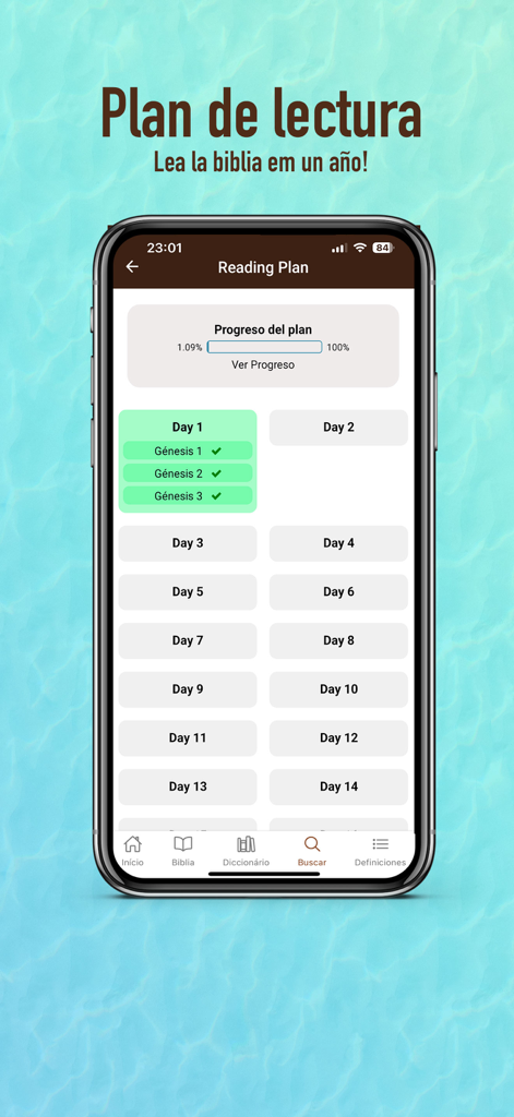 Biblia Reina Valera 1909 - Écran montrant la progression du plan de lecture biblique et les chapitres quotidiens dans l'application Reina Valera 1909.