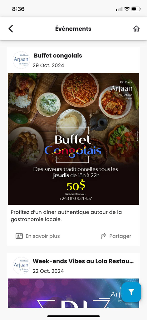 Section événements de l'application MonCongo montrant une liste de buffet congolais au Kin Plaza Arjaan