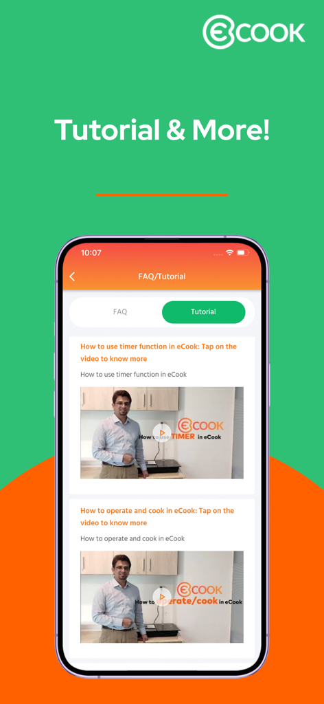 Tutorial screen of the eCook app displaying instructional videos for operating smart electric stoves
