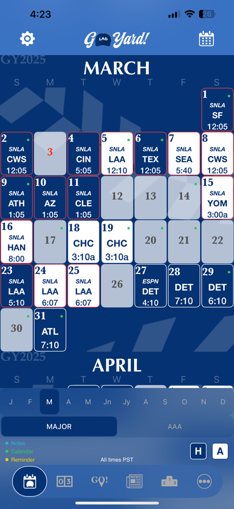 A monthly baseball calendar schedule in the Go Yard app showing game times and broadcast networks for the Los Angeles Dodgers