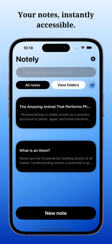 Notely AI -Instant Audio Notes - La interfaz de la aplicación móvil Notely AI que muestra una lista de notas de estudio digitales que se pueden buscar en la pantalla de un iPhone.