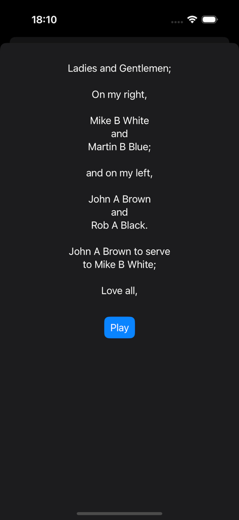 Badminton match announcement screen in the ServiceOver app showing player names and serving order for an umpire