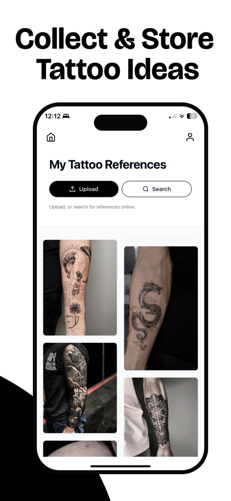 Écran de smartphone montrant des idées de référence de tatouage et un bouton de téléchargement dans l'application Tatship.