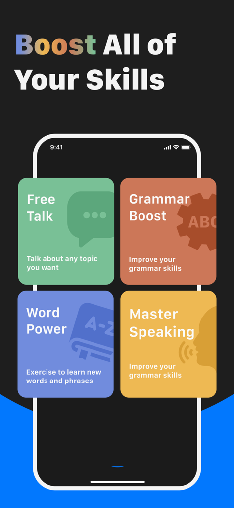 Lingua : AI English Learning - Pantalla de la aplicación Lingua mostrando cuatro módulos de aprendizaje: Charla Libre, Mejora de Gramática, Poder de las Palabras y Dominio del Habla.