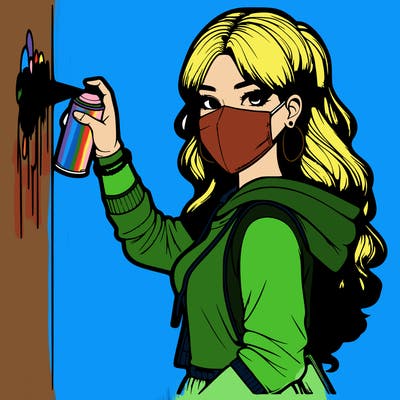 realistic girl with mask spray painting a wall