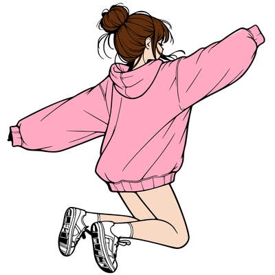 realistic girl jumping with a bun and oversized sweatshirt