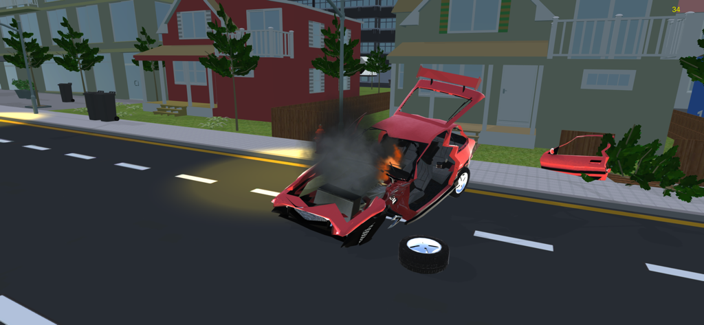 Car Crash Simulator Sandbox 3D - A red car crashed and smoking on a suburban street with detached parts in a 3D simulation game