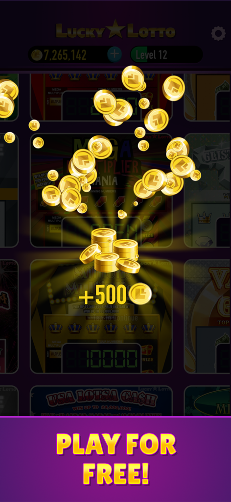 Lucky Lotto - Mega Scratch Off - Lucky Lotto mobile game screen showing a burst of gold coins with a 500 coin bonus and play for free message