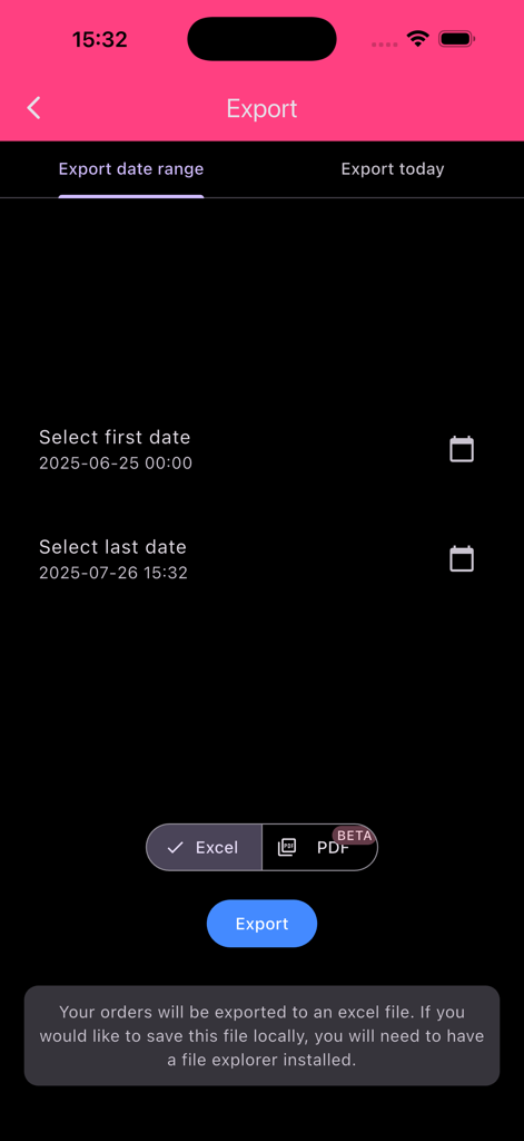 Interfaz de la aplicación Caja Registradora PoS mostrando la pantalla de exportación donde los usuarios pueden seleccionar un rango de fechas y exportar sus datos de ventas a formato Excel o PDF.