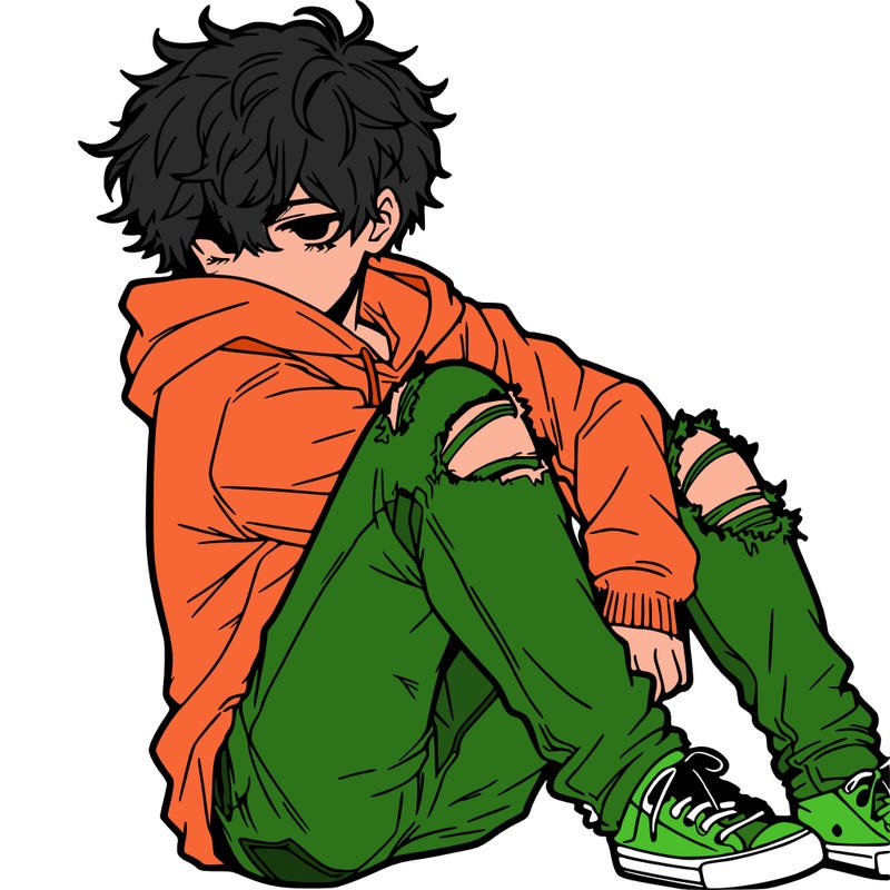 a male hoddie ripped jeans messy hair anime