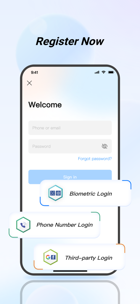 Écran de connexion de l'application mobile DMSS montrant les options de connexion biométrique du téléphone et de connexion tierce.