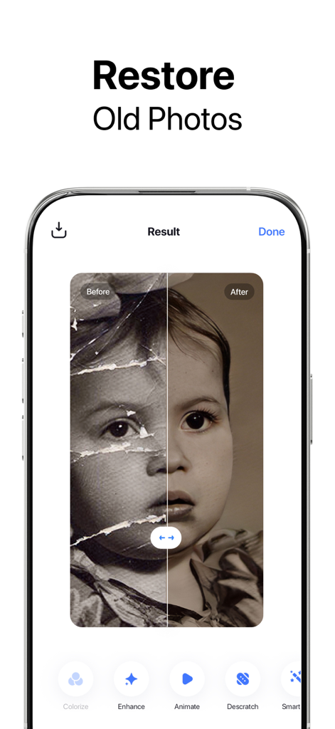 Pixelup: AI Photo Enhancer App - Ein Vorher-Nachher-Vergleich eines restaurierten Vintage-Fotos eines Kindes mit Pixelup AI.
