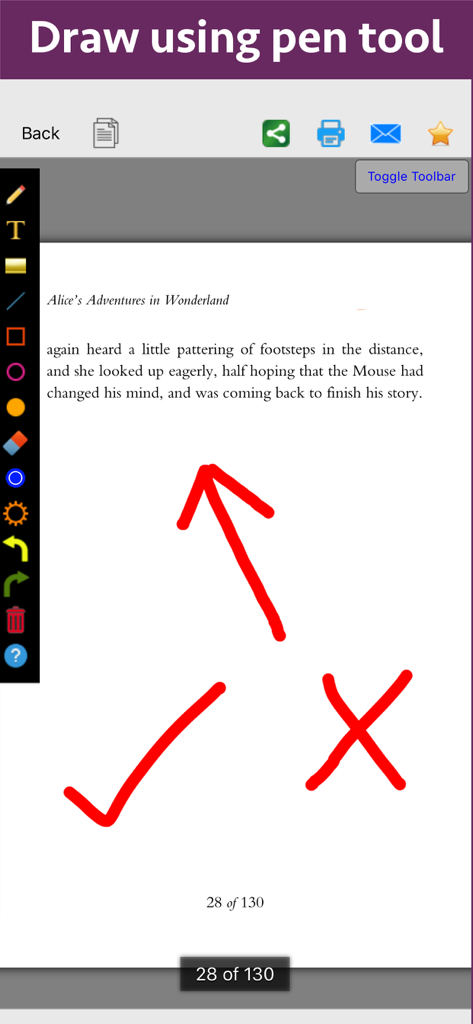 ペンツールで描かれた矢印、チェックマーク、クロスマークなどの赤い注釈が特徴の「不思議の国のアリス」のPDFドキュメントページ。