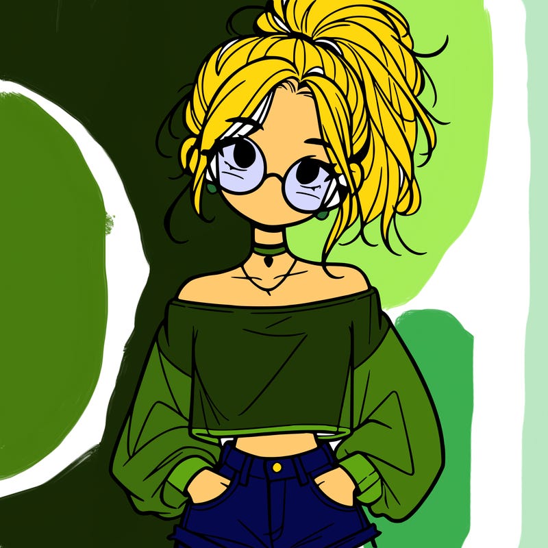 girl with a messy ponytail glasses a baggy crop top and jean shorts