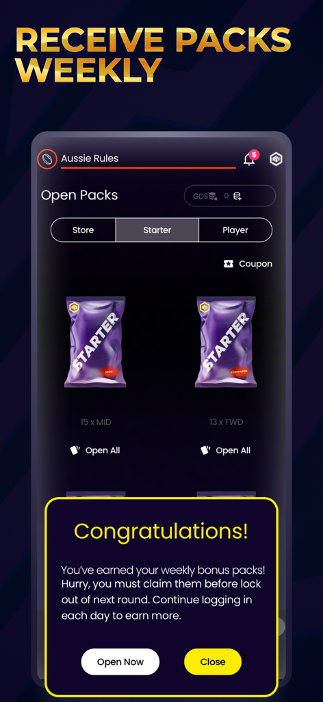 Weekly bonus player card packs notification in Game Day Squad fantasy sports app