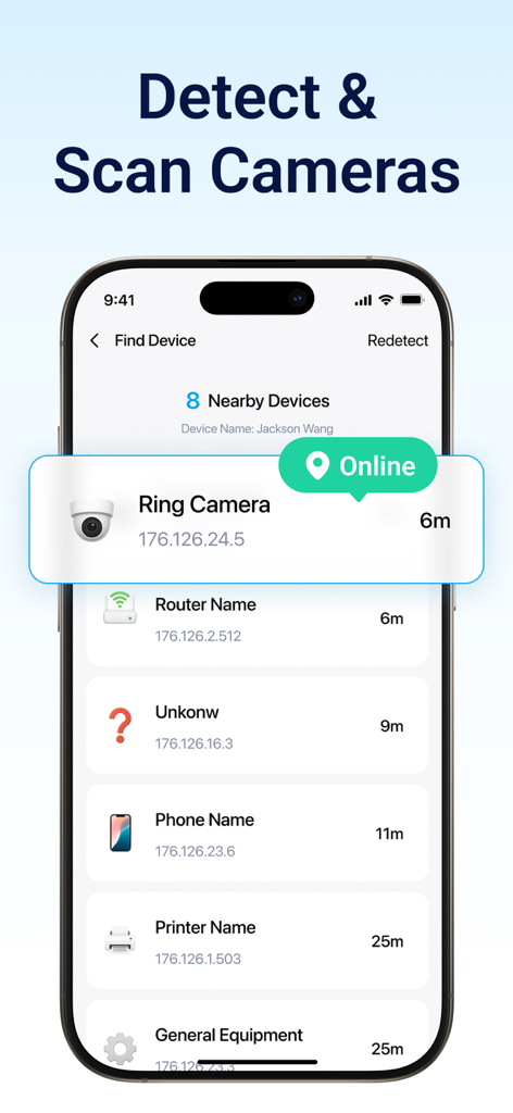 Security Camera: Home Monitor - Una interfaz de aplicación móvil que muestra una lista de dispositivos domésticos inteligentes cercanos detectados, como cámaras y enrutadores