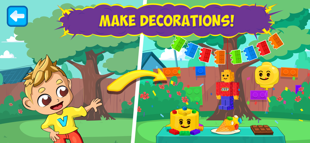 Vlad & Niki Cooking Pizza Game - A cartoon boy from Vlad and Niki pointing at block-themed party decorations and treats in a backyard