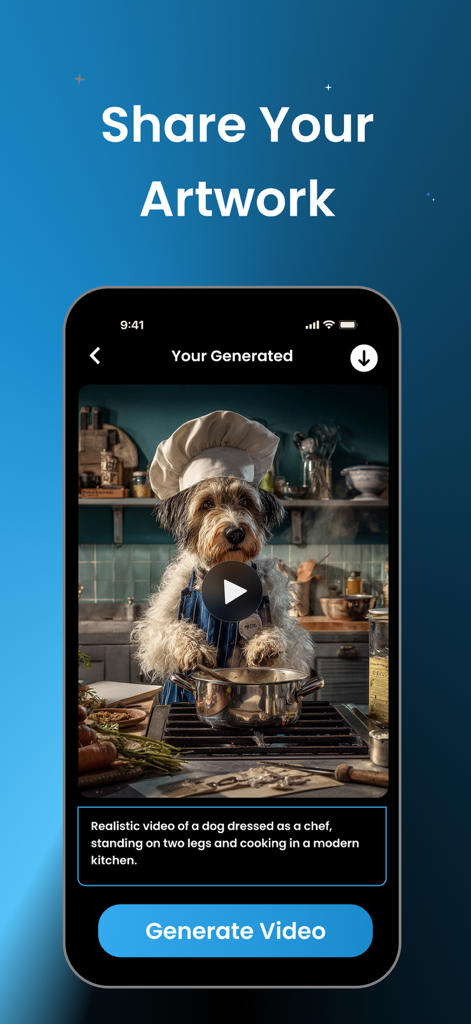 Smartphone screen displaying an AI generated video of a dog chef with a text prompt and generate button