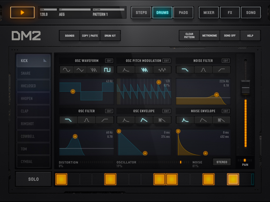 DM2 drum machine app synthesis interface with graphic editors for oscillators and filters