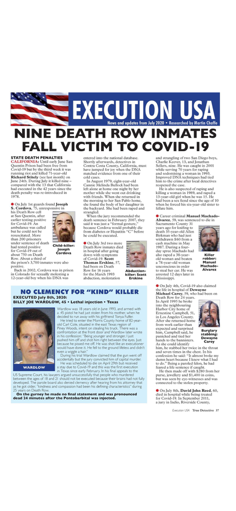 Uma página digital da revista True Detective apresentando a seção Execution USA com relatórios e fotos de prisioneiros no corredor da morte.