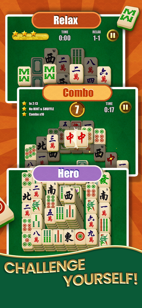 Mahjong Solitaire - Master - Capturas de pantalla del juego Mahjong Solitaire Master que muestran varios diseños de fichas y modos de dificultad, incluyendo Relax y Hero.