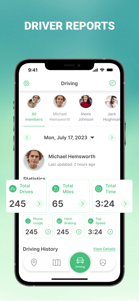 A screenshot of the iLocator app showing driving reports and safety statistics for family members