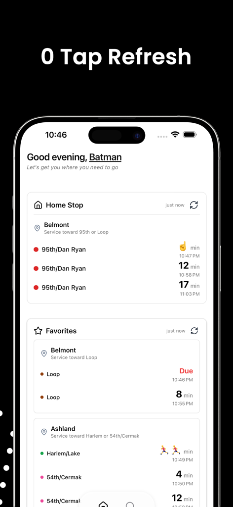 iPhone上のChiTrackアプリインターフェース。ゼロタップ更新機能を備えた、シカゴCTA電車のリアルタイム到着時間を表示。