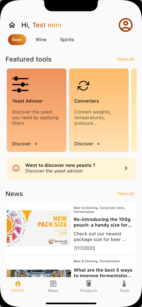 Fermentis - Écran d'accueil de l'application Fermentis présentant le conseiller de levure et les outils de fermentation pour les brasseurs professionnels