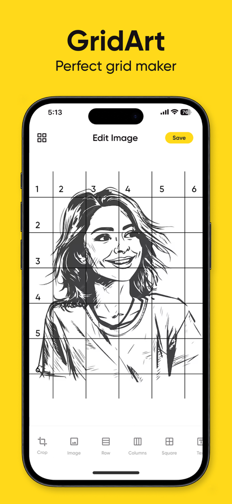 GridArt - Drawing Grid - Smartphone screen showing the GridArt app interface with a numbered drawing grid over a portrait sketch
