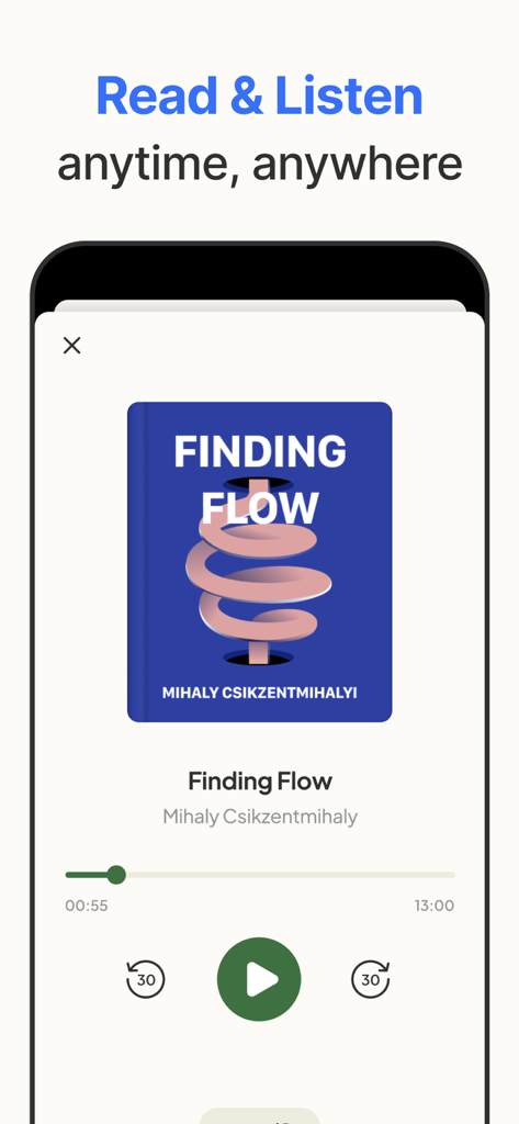 Mobile audio player interface in the Book Summaries app showing a summary of Finding Flow