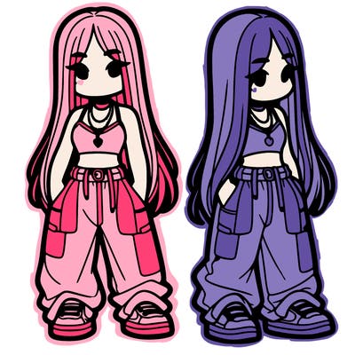 girl in baggy pants crop top and long hair
