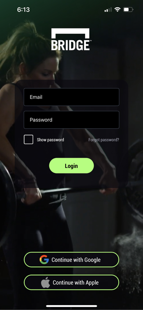 Login screen of the BridgeAthletic training app with email and social sign-in options