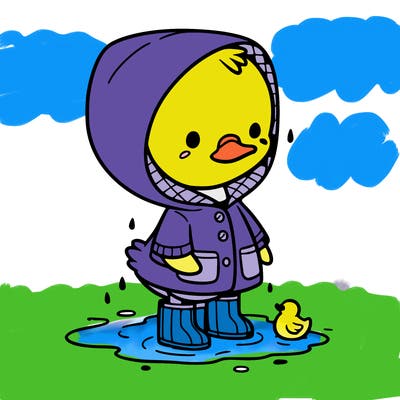 baby duck in a rain coat and boots, in a puddle while it’s raining